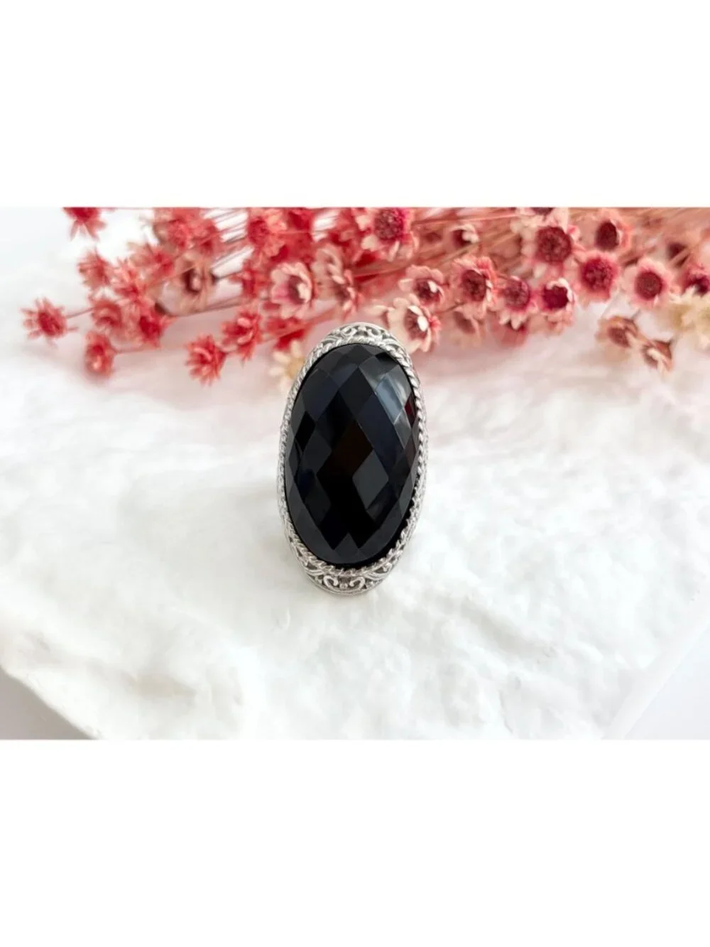 Black Onyx Faceted Stone Thai Made Sterling Silver 925 Vintage Ring - sz 8.75